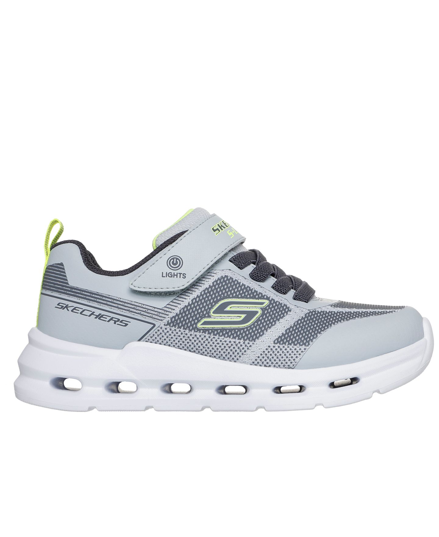 Детские кроссовки Skechers S-Lights: Glide-Step Lights на липучке со светодиодами, цвет: Серый / Лаймовый — фото 3