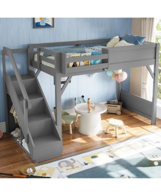 Twin Loft Bed with Wardrobe, Storage, Shelves, Guardrails & Stairs