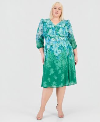 Plus Size Printed Long-Sleeve Belted Dress