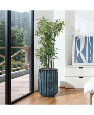 Verdant Rise Ribbed Ceramic Planter, Coastal Gradient Decorative Pot for Indoor/Outdoor Decor