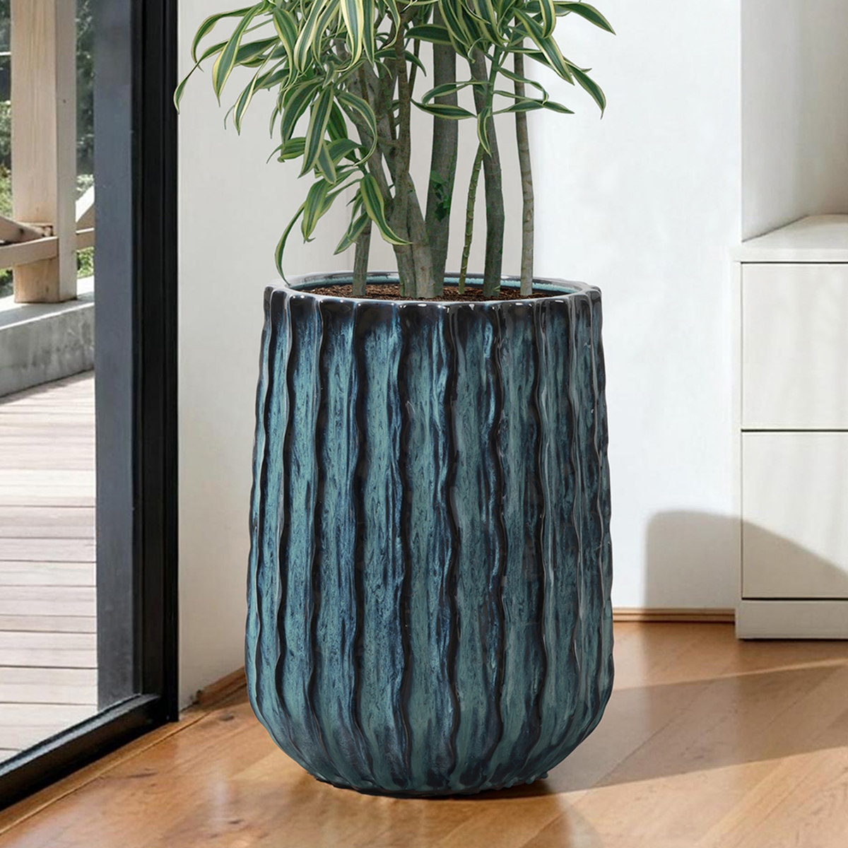 LuxenHome 16.8" Glazed Blue Tall Ceramic Plant Pots, Two-tone Decorative Large Pot for Plants for Livng Room, Patio, Garden
