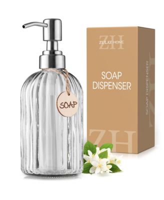 16oz Glass Hand Soap Dispenser for Bathroom - Easy Press-Pump Bathroom Soap Dispenser with Birchwood Tag