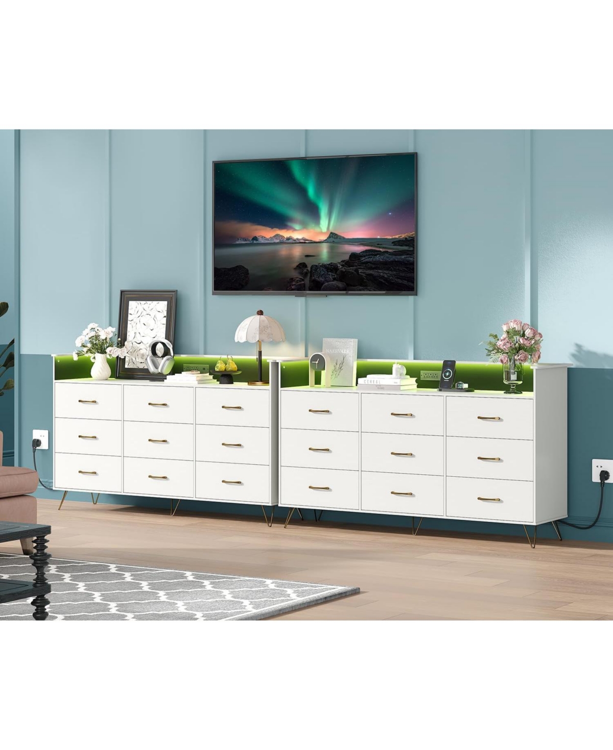 gaomon 9 Drawer Wooden Dressers for Bedroom with Led Lights & Charging Station, Wood Chest of Drawers App Control, Modern Large Storage Cabinet
