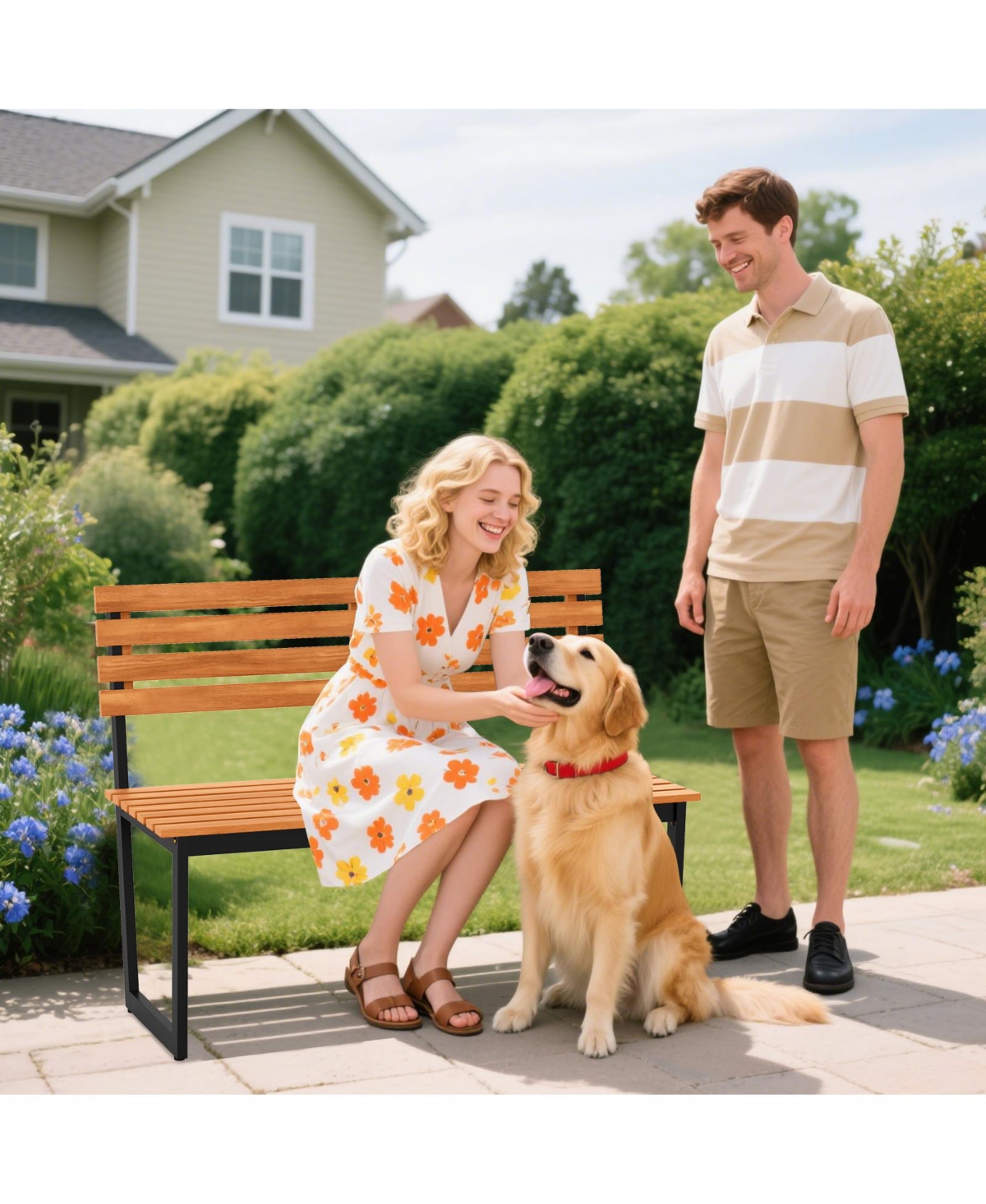 Gymax Outdoor Bench Acacia Wood Patio Loveseat w/ Backrest & Heavy Duty Metal Frame