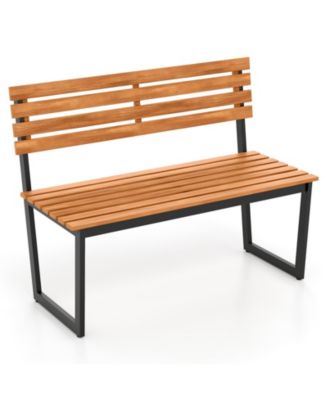 Outdoor Bench Acacia Wood Patio Loveseat w/ Backrest & Heavy Duty Metal Frame