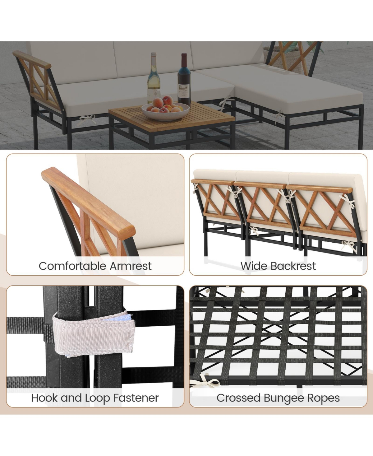 Gymax Set Of 3 L-Shaped Patio Furniture Set w/Loveseat Square Coffee Table Soft Back