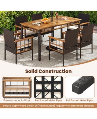 Set of 2 Patio Dining Chairs w/ Removable Padded Cushion Acacia Wood Armrests