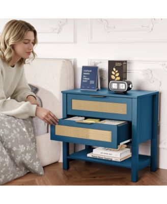 Rattan Nightstand - Bedside Table with 2 Drawers, Open Storage Shelf and Gold Drawer Handles for Bedroom, Living Room, Hallway