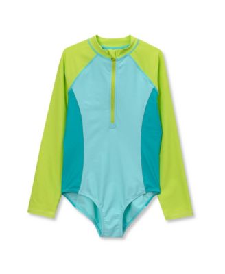 Girls Chlorine Resistant Long Sleeve One Piece Half Zip Swimsuit