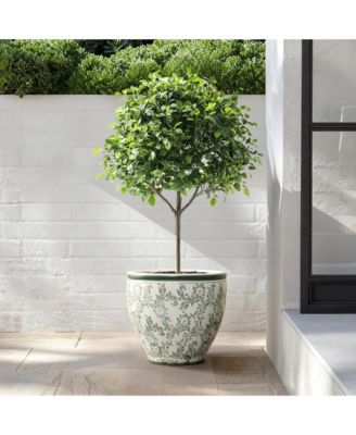 Green Paisley Ceramic Planter, 15.55" Round, Indoor & Outdoor Flower Pot