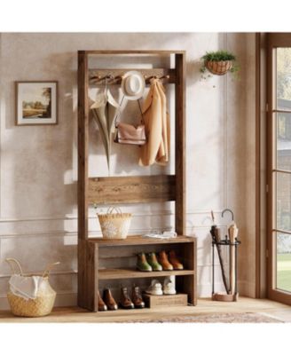 70.8” Tall Freestanding Coat Rack with Shoe Bench, 7 Hooks & 2 Shelves, Wood Hall Tree with Bench and Shoe Storage