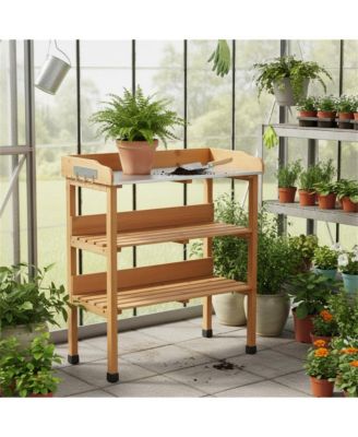 3 Layers Outdoor Work Bench w/Hook, Metal Tabletop, Solid Wood Workstation