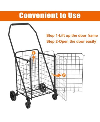 Folding Shopping Cart, Grocery Cart with 360° Swivel Wheels, Open Door for Groceries and Laundry