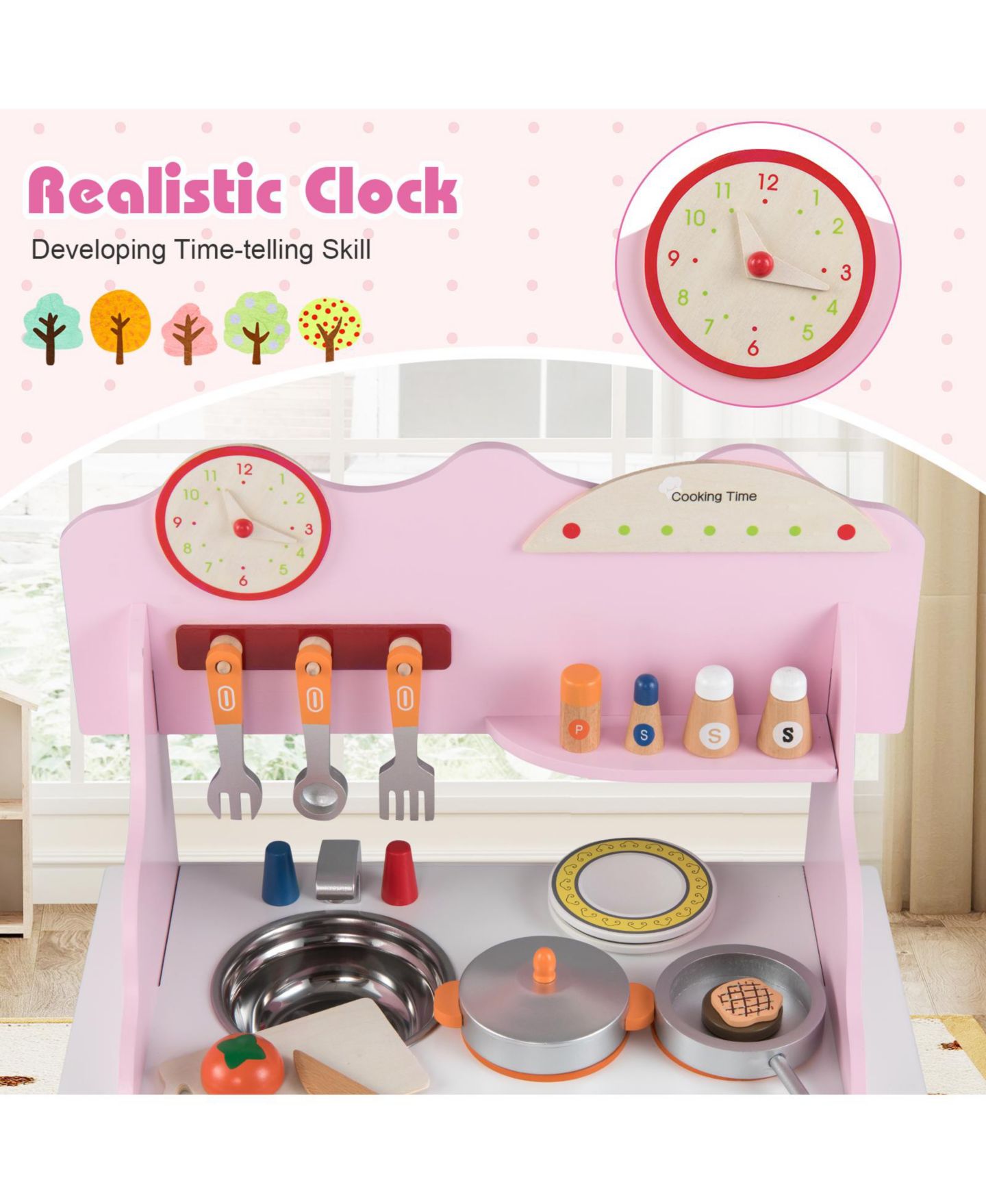 Детские игрушки Mecale Double-Burner Wooden Play Kitchen with Clock, 12-Piece Set, Ages 3+, цвет: Розовый — фото 4