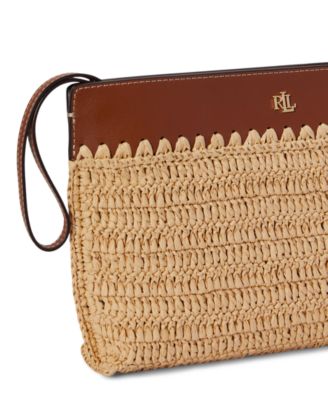 Leather-Trim Crocheted Straw Large Wallet
