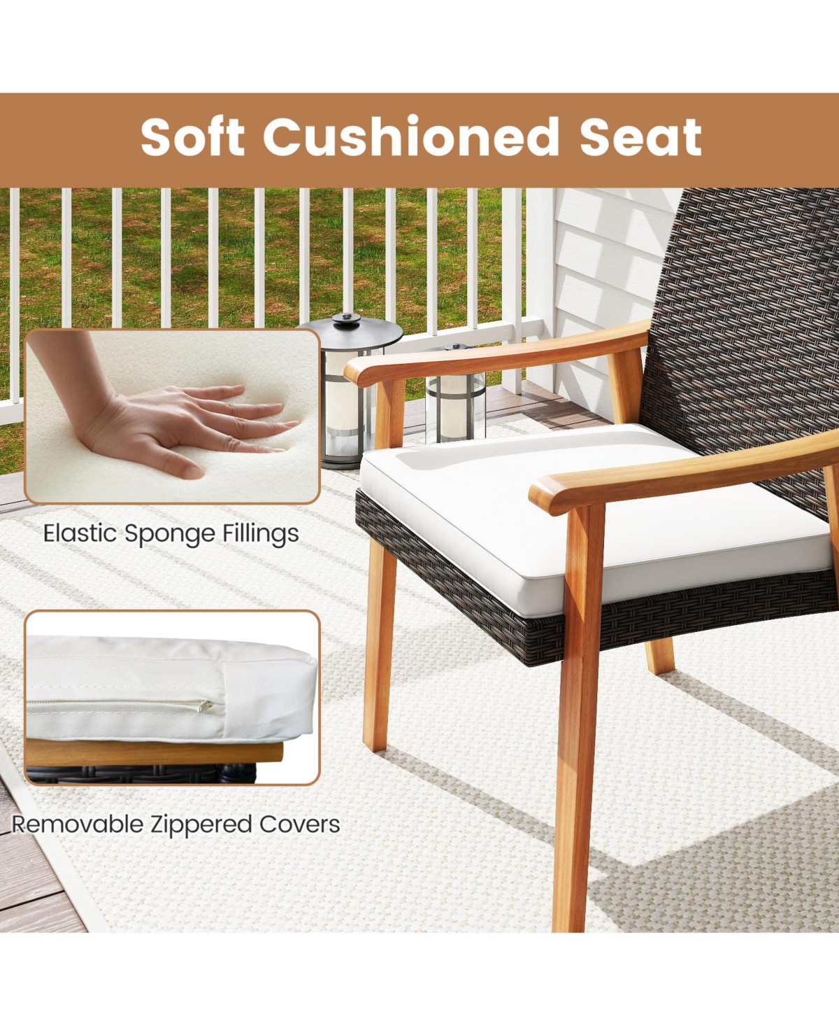 Gymax 3 Pcs Patio Pe Wicker Furniture Set w/Coffee Table & Cushions for Front Porch Outdoor