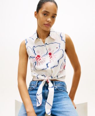 Women's Printed Knot Detail Sleeveless Shirt