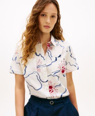 Women's Printed Linen Short-Sleeve Relaxed Shirt