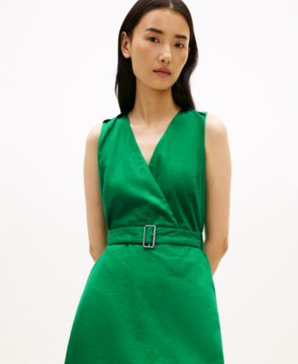 Women's Linen Belted V-Neck Wrap Dress