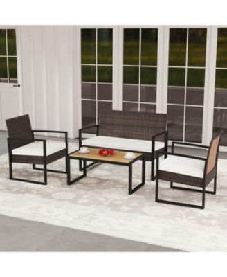 4 Pieces Patio Furniture Set PE Rattan Porch Chairs w/ Loveseat & Coffee Table