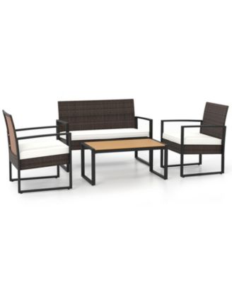 4 Pieces Patio Furniture Set PE Rattan Porch Chairs w/ Loveseat & Coffee Table