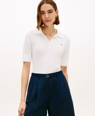 Women's Pointelle Short-Sleeve Polo Sweater