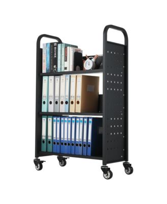 Rolling Library Book Cart - 3-Tier Single Sided L-Shaped Bookshelf with Lockable Wheels Book Truck for Home Office and School