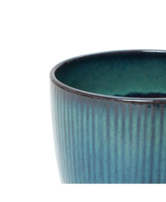 Forest Fade Ribbed Ceramic Planter, 11.8" Glossy Blue-Green Pot with Brown Rim