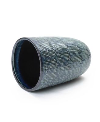 Ocean Grid Textured Ceramic Planter, 17" Tall, Decorative Pot with Raised Pattern