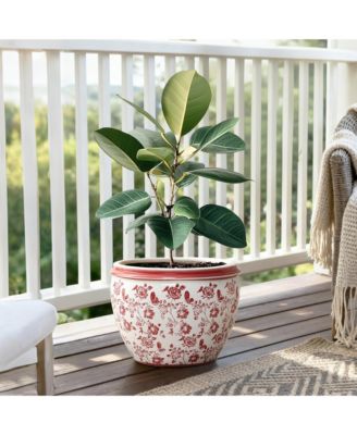 Red Floral Ceramic Planter, 12.2" Round, Indoor & Outdoor Garden Pot