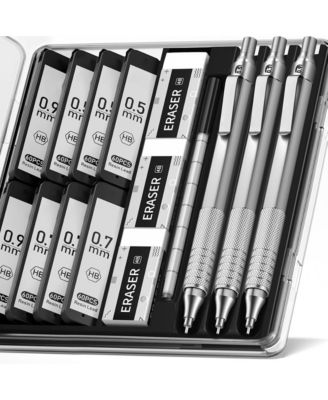 Metal Mechanical Pencil Set - 3PCS Artist Lead Pencil 0.5 & 0.7 & 0.9mm with 8 Tubes HB Lead Refills, 3 Erasers for Writing, Drawing