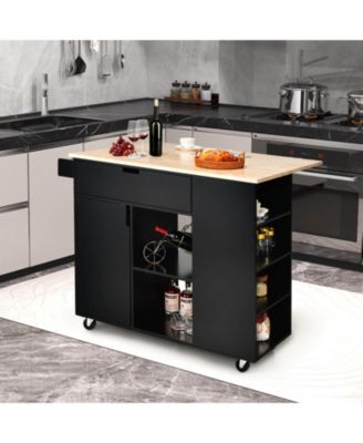 Drop-Leaf Rolling Kitchen Island Cart with Rubber Wood Top