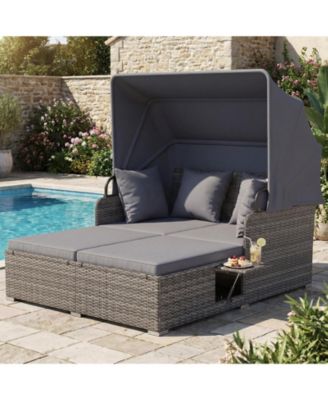Patio Rattan Daybed Lounge Retractable Top Canopy Side Tables Cushions