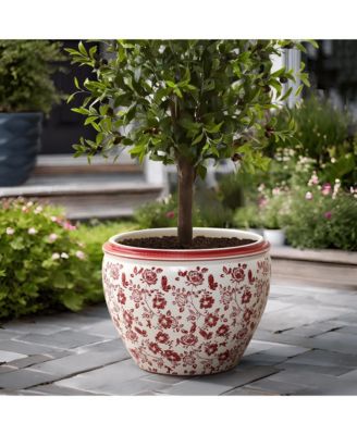 Red Floral Ceramic Planter, 17" Round, Indoor & Outdoor Garden Pot