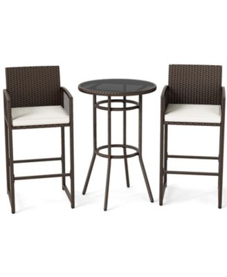 3 Piece Wicker Patio Bar Set w/ 2 Seat Cushions Glass Tabletop for Backyard