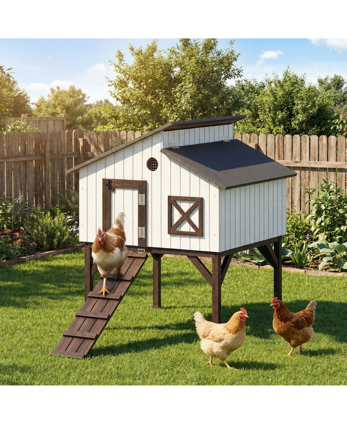 Chicken Coop Hen House with Nesting Box, Elevated Rabbit Hutch with Ramp