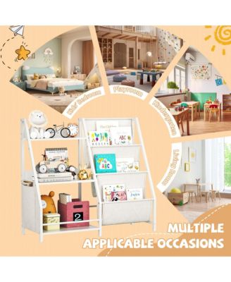 Kids Bookshelf and Toy Organizer - 3 Tier Wooden & Fabric Bookcase with Anti-Tip Kit for Playroom, Nursery, Classroom