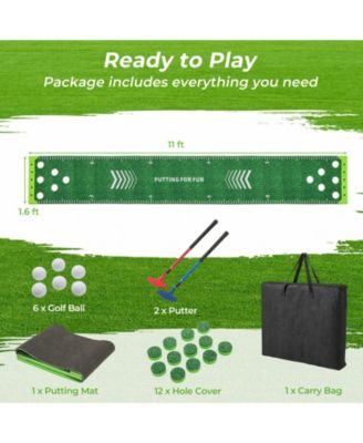 11 ft Putting Green Mat with 2 Adjustable Putters & 6 Balls