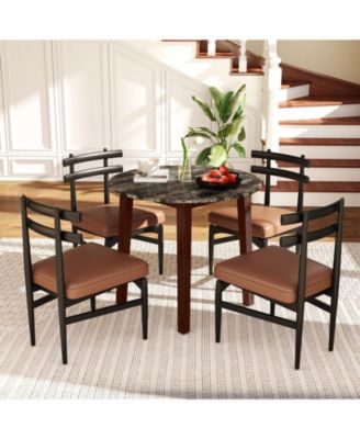 35 Inch Round Dining Table with Rubber Wood Legs and Marble-textured Veneer Tabletop