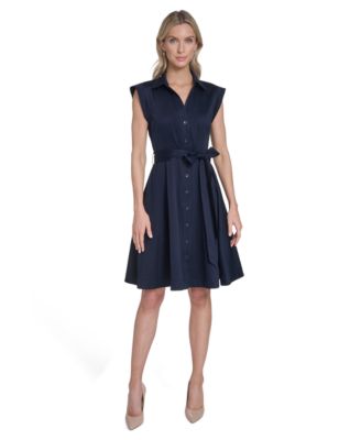 Women's Belted Button-Front Collared Fit-and-Flare Dress