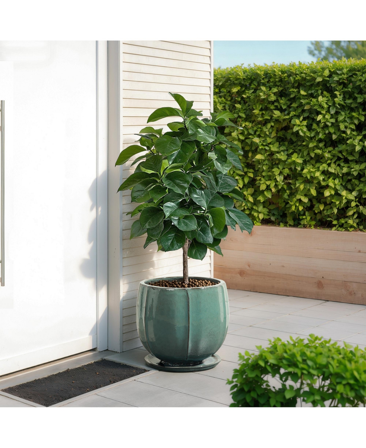 LuxenHome Glossy Gradient Teal Ceramic Planter, 13.4-Inch Tall Ridged Container with Connected Tray