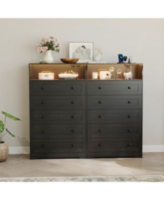 4 Drawer Wooden Nightstand for Bedside with LED Lights & Charging Station, Wood Chest of Drawers for Closet, Living Room, Hallway, Entryway