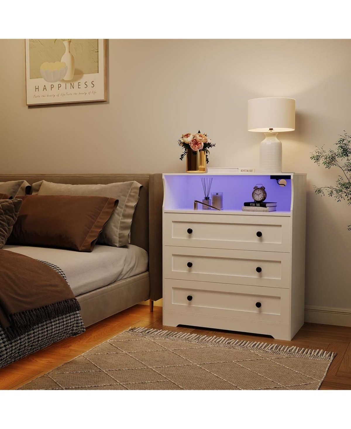 gaomon 3 Drawer Wooden Nightstand for Bedside with Led Lights & Charging Station, Wood Chest of Drawers for Closet, Living Room, Hallway, Entryway