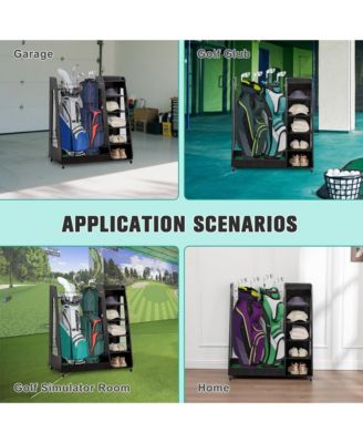 Golf Bag Storage Rack - Wooden Golf Clubs Organizer Fit 2 Golf Bags and Other Golfing Equipment Accessories for Garage, Club, Basement