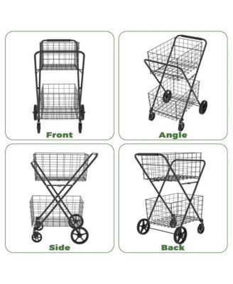 2 Layers Grocery Cart on Wheels, Extra Jumbo Foldable Shopping Cart with 2 Removable Baskets and Waterproof Liner for Camping