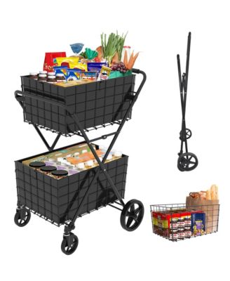 2 Layers Grocery Cart on Wheels, Extra Jumbo Foldable Shopping Cart with 2 Removable Baskets and Waterproof Liner for Camping