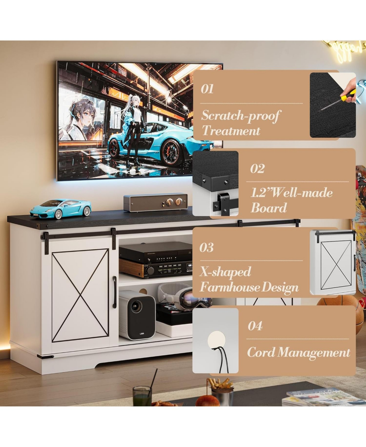 gaomon 59" Farmhouse Tv Stand for TVs Up to 65", Media Console with Sliding Barn Doors & Adjustable Shelves, Entertainment Center Storage Ca