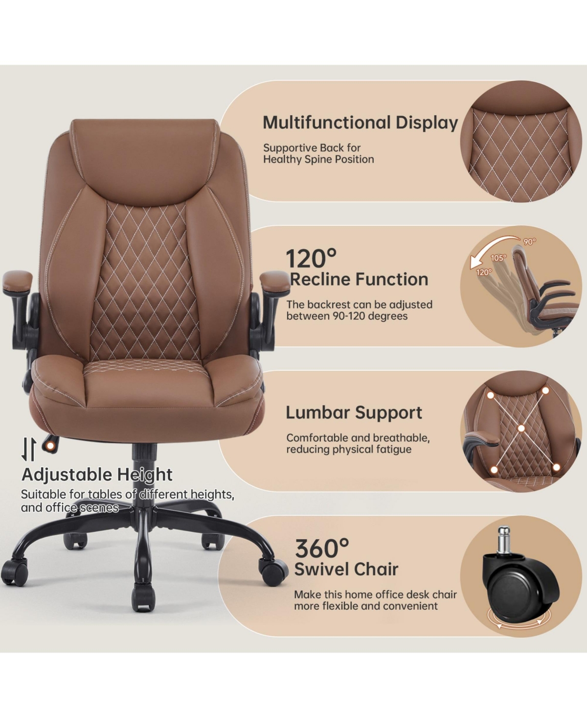 Boyel Living Ergonomic Leather Office Chair with Flip-Up Armrests, Lumbar Support, Swivel & Rocking – Home Desk