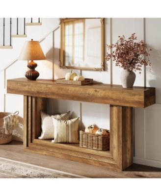 63" Narrow Console Table, 2-Tier Long Entryway Table, Farnhouse Console Behind Couch, Brown