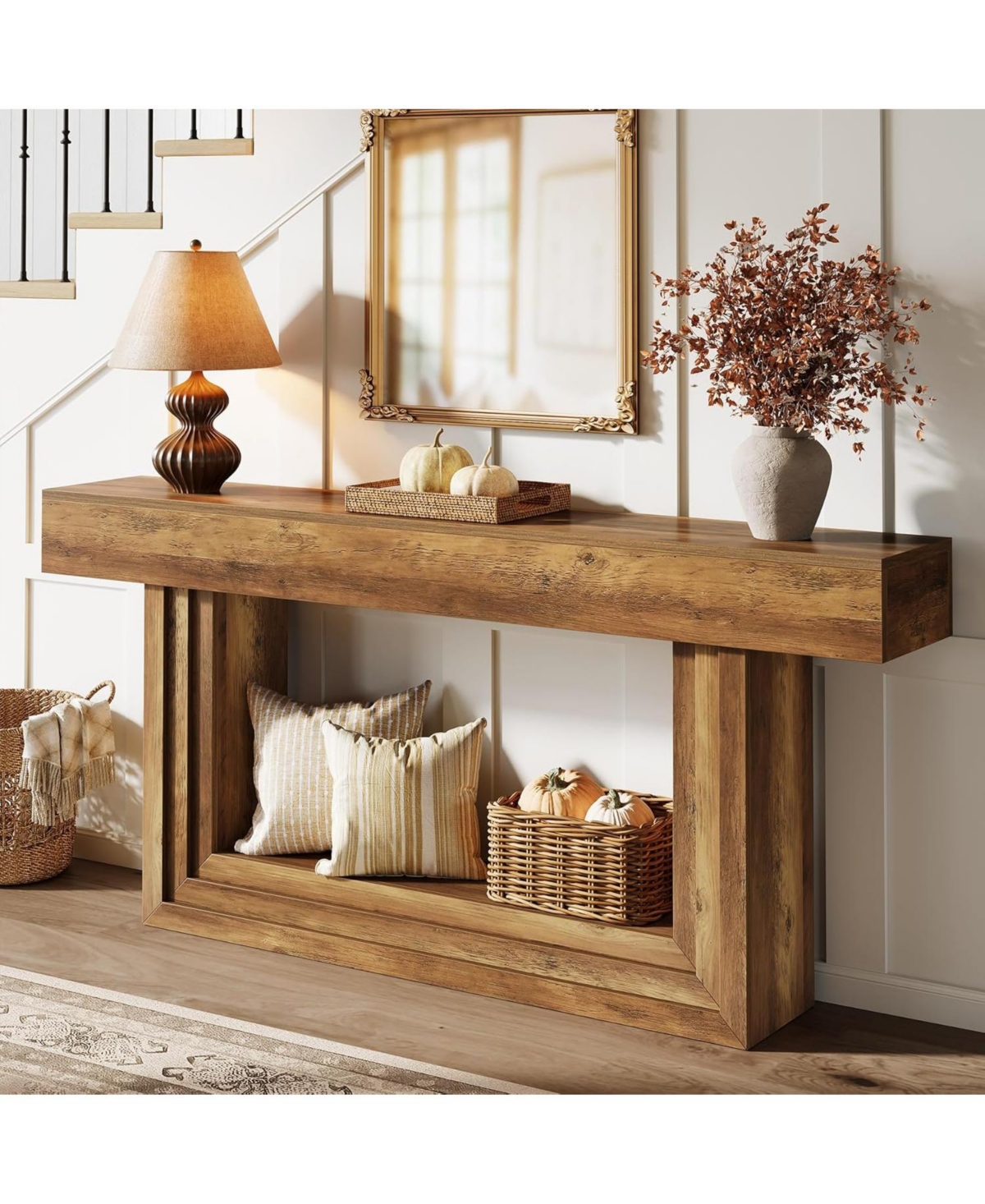 Tribesigns 63" Narrow Console Table, 2-Tier Long Entryway Table, Farnhouse Console Behind Couch, Brown